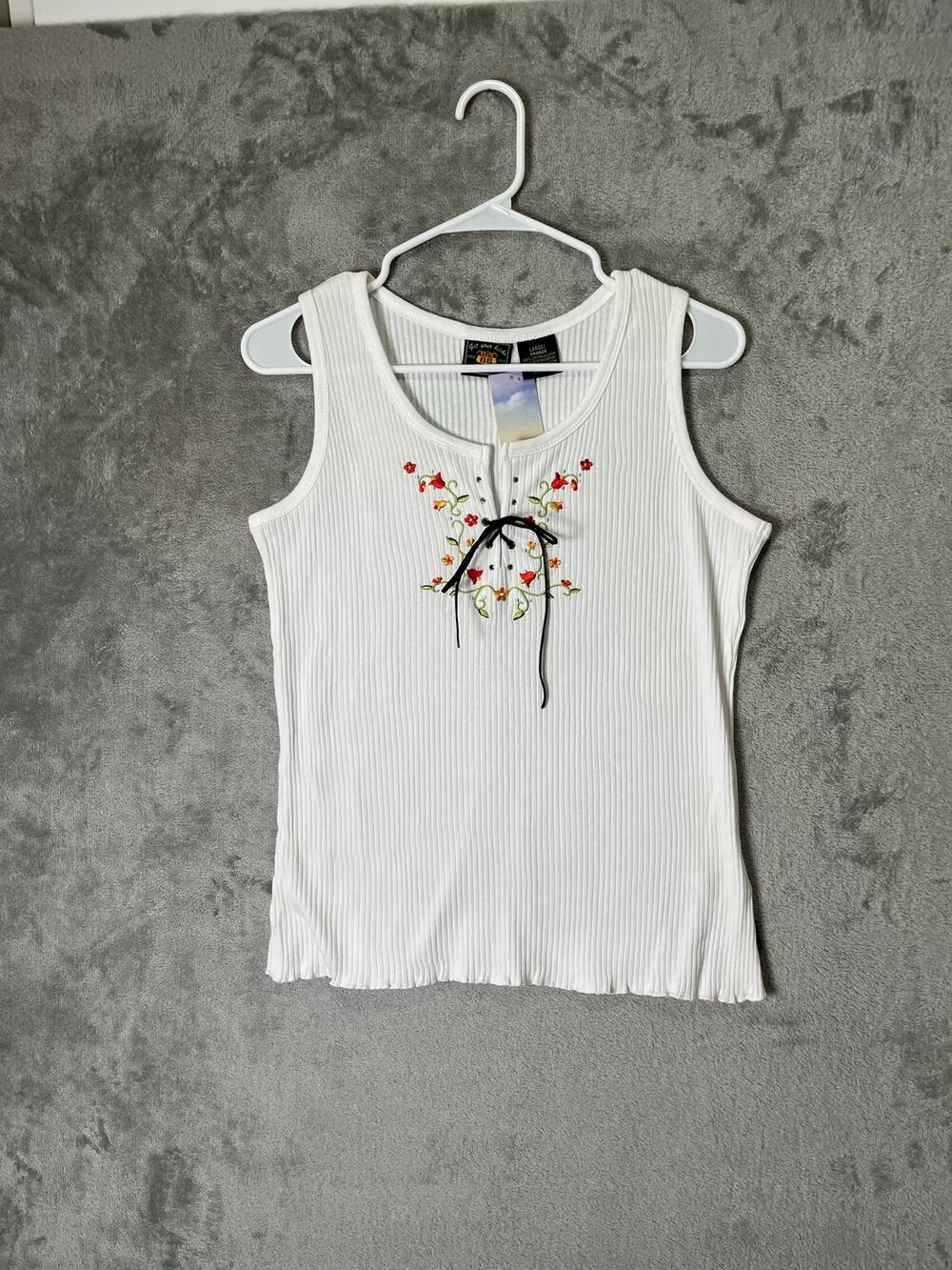 Vintage Cottagecore Floral Embroidered Ribbed Lace Up Boho Fairy Tank Top LG NEW